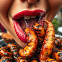 A vibrant and artistic close-up of a pair of lips, playfully enjoying grilled intestines, steam rising off the food to emphasize its freshness, delicious char marks on the intestines, and a colorful background of an outdoor barbecue scene, with mouth-watering spices and herbs sprinkled around, enhancing the visual appeal of the meal