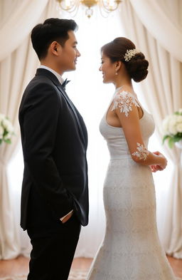 A groom and bride standing back to back, dressed elegantly for a wedding