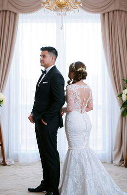 A groom and bride standing back to back, dressed elegantly for a wedding