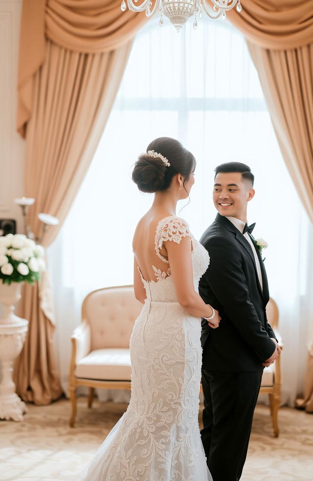 A groom and bride standing back to back, dressed elegantly for a wedding