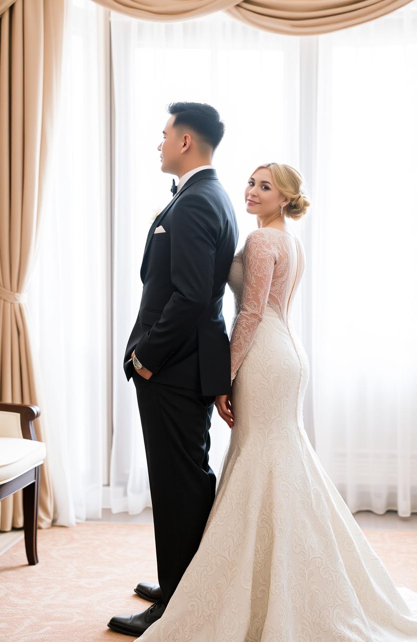 A groom and bride standing back to back, dressed elegantly for a wedding