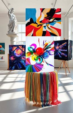 A collage showcasing various art forms integrated into a single piece, featuring vibrant colors and dynamic compositions