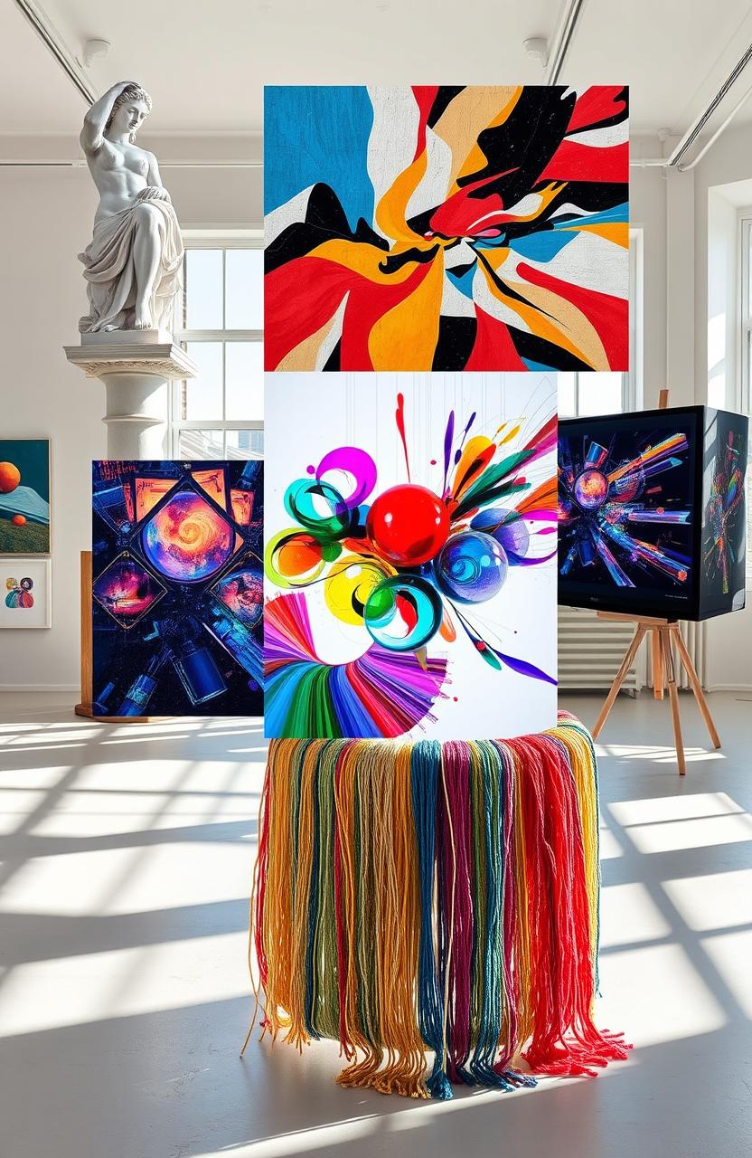 A collage showcasing various art forms integrated into a single piece, featuring vibrant colors and dynamic compositions