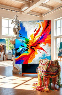 A collage showcasing various art forms integrated into a single piece, featuring vibrant colors and dynamic compositions