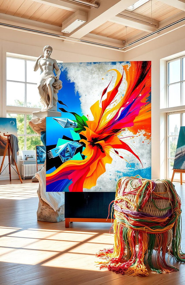 A collage showcasing various art forms integrated into a single piece, featuring vibrant colors and dynamic compositions