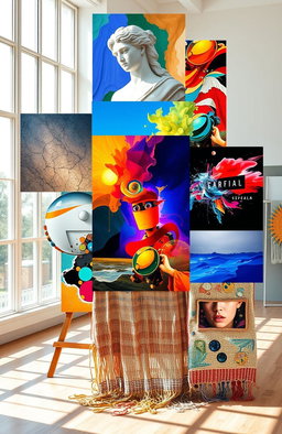 A collage showcasing various art forms integrated into a single piece, featuring vibrant colors and dynamic compositions