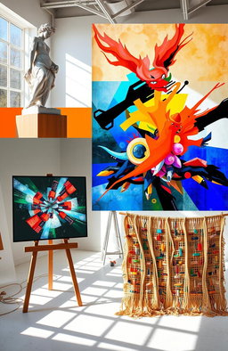 A collage showcasing various art forms integrated into a single piece, featuring vibrant colors and dynamic compositions