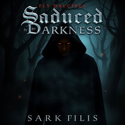A captivating book cover for the title 'Seduced by Darkness', featuring a mysterious, shadowy figure in a black cloak, standing in a dimly lit forest