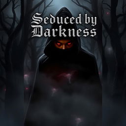 A captivating book cover for the title 'Seduced by Darkness', featuring a mysterious, shadowy figure in a black cloak, standing in a dimly lit forest