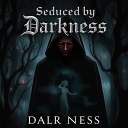 A captivating book cover for the title 'Seduced by Darkness', featuring a mysterious, shadowy figure in a black cloak, standing in a dimly lit forest