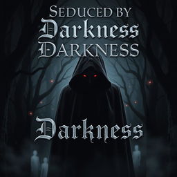 A captivating book cover for the title 'Seduced by Darkness', featuring a mysterious, shadowy figure in a black cloak, standing in a dimly lit forest