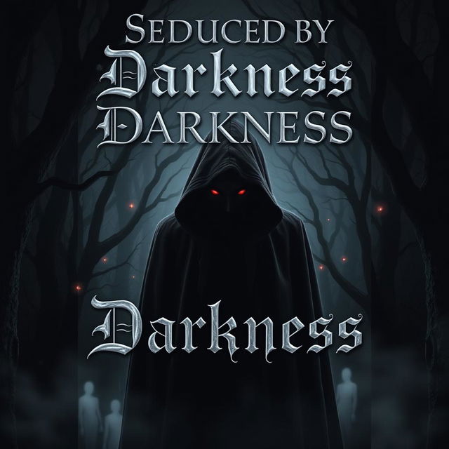 A captivating book cover for the title 'Seduced by Darkness', featuring a mysterious, shadowy figure in a black cloak, standing in a dimly lit forest