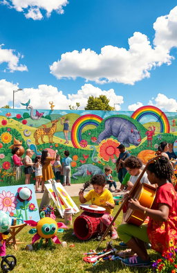 An immersive art integration project showcasing diverse expressions of creativity, featuring a vibrant community mural with children and adults painting together