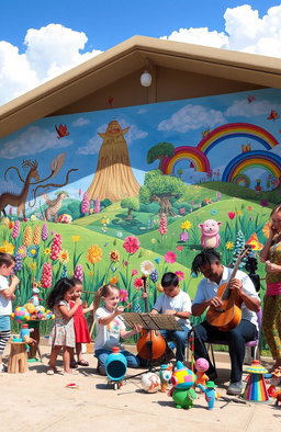 An immersive art integration project showcasing diverse expressions of creativity, featuring a vibrant community mural with children and adults painting together