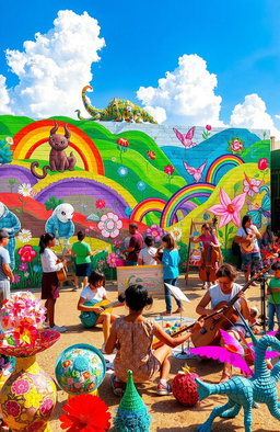 An immersive art integration project showcasing diverse expressions of creativity, featuring a vibrant community mural with children and adults painting together