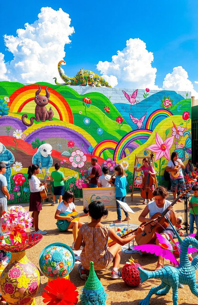 An immersive art integration project showcasing diverse expressions of creativity, featuring a vibrant community mural with children and adults painting together