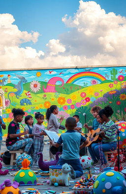 An immersive art integration project showcasing diverse expressions of creativity, featuring a vibrant community mural with children and adults painting together