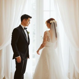 A wedding scene featuring a bride and groom standing back to back, elegantly dressed for their special day