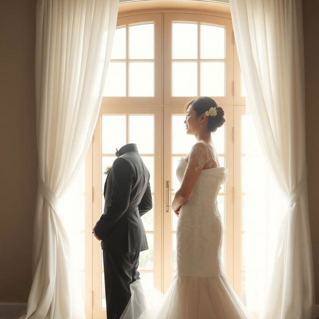 A wedding scene featuring a bride and groom standing back to back, elegantly dressed for their special day