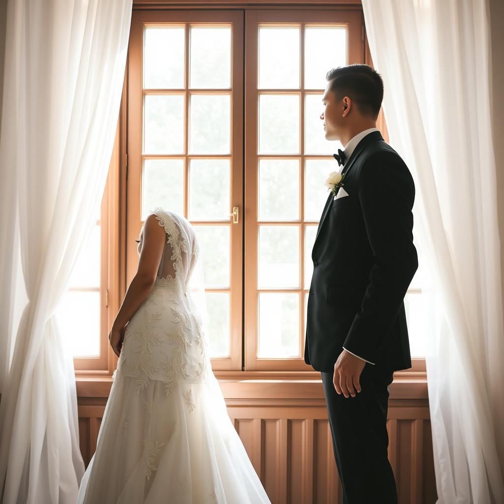 A wedding scene featuring a bride and groom standing back to back, elegantly dressed for their special day
