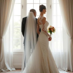 A wedding scene featuring a bride and groom standing back to back, elegantly dressed for their special day