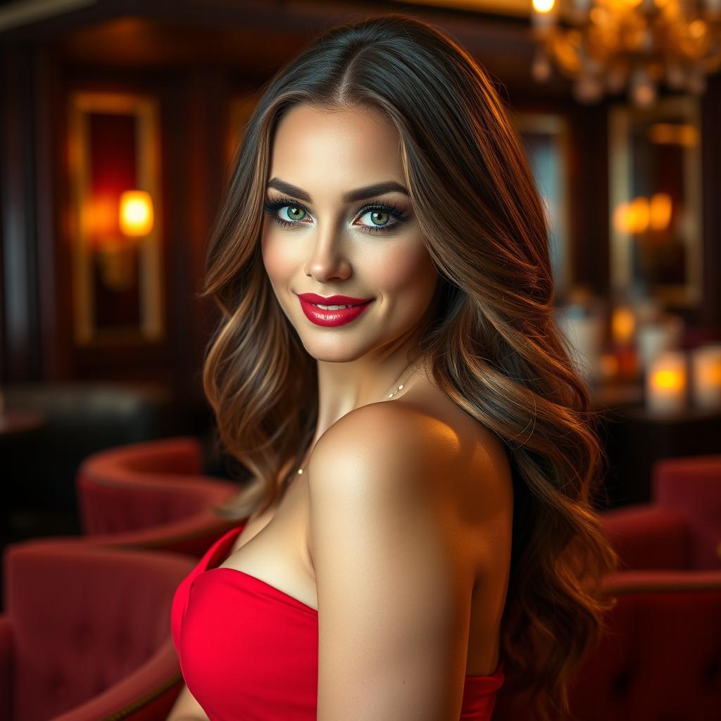 A glamorous portrait of a beautiful woman with wavy, flowing brunette hair and captivating green eyes, wearing a chic, form-fitting red dress that elegantly accentuates her curves