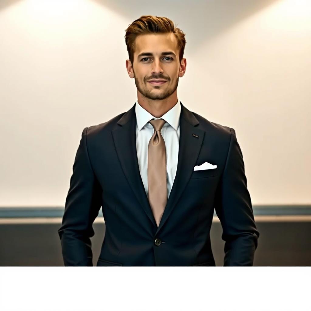 A stylish man wearing a well-fitted suit over a crisp white shirt