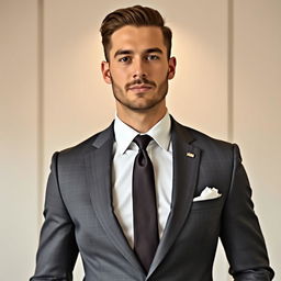 A stylish man wearing a well-fitted suit over a crisp white shirt