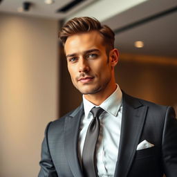 A stylish man wearing a well-fitted suit over a crisp white shirt