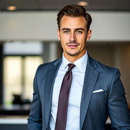 A stylish man wearing a well-fitted suit over a crisp white shirt