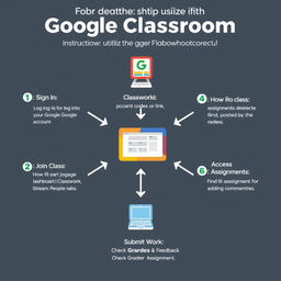 A clear and informative graphic organizer illustrating the steps to effectively utilize Google Classroom in the correct order