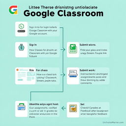 A clear and informative graphic organizer illustrating the steps to effectively utilize Google Classroom in the correct order