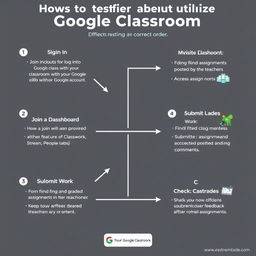 A clear and informative graphic organizer illustrating the steps to effectively utilize Google Classroom in the correct order