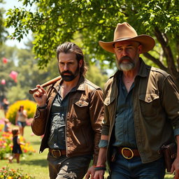 A scene depicting two rugged, strong male characters, reminiscent of comic book heroes, walking side by side through a vibrant park