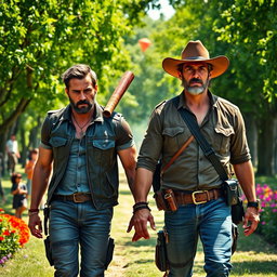 A scene depicting two rugged, strong male characters, reminiscent of comic book heroes, walking side by side through a vibrant park