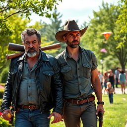 A scene depicting two rugged, strong male characters, reminiscent of comic book heroes, walking side by side through a vibrant park