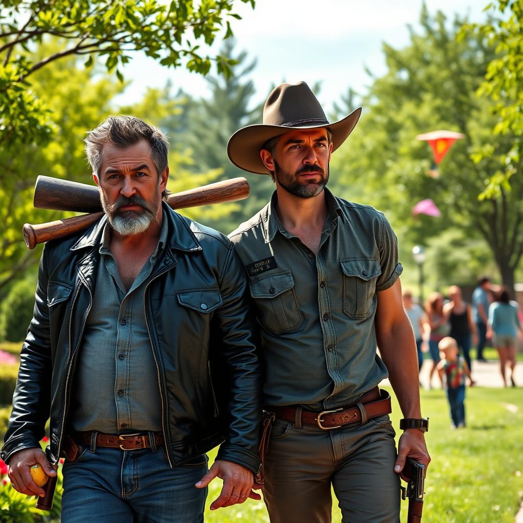 A scene depicting two rugged, strong male characters, reminiscent of comic book heroes, walking side by side through a vibrant park