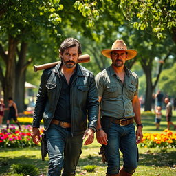 A scene depicting two rugged, strong male characters, reminiscent of comic book heroes, walking side by side through a vibrant park