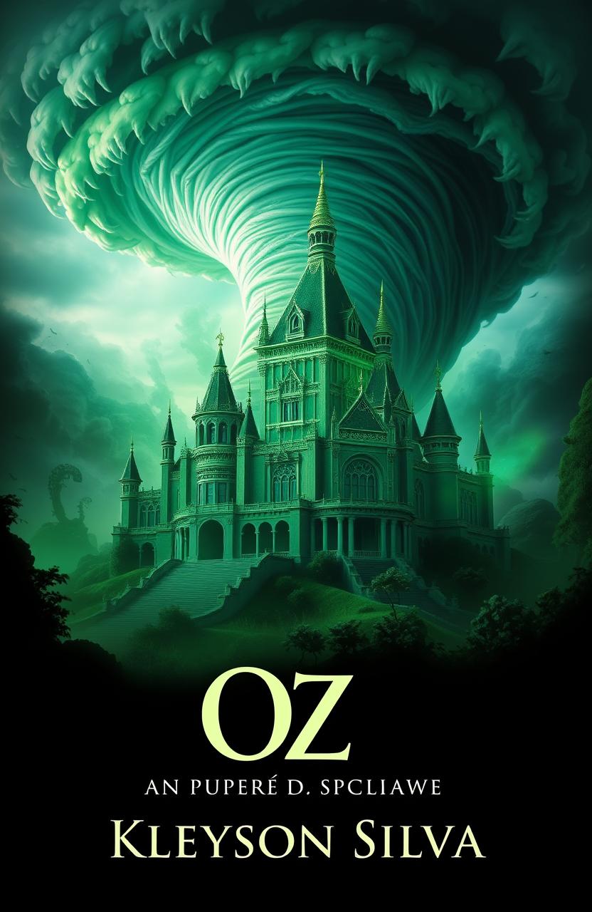 A captivating book cover design for the title "OZ: MAGIA E CORRUPÇÃO", featuring the iconic Emerald Palace in vibrant shades of green