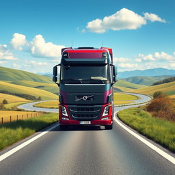 A detailed scene of a Volvo FH truck cruising down a winding highway surrounded by picturesque landscapes