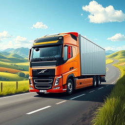 A detailed scene of a Volvo FH truck cruising down a winding highway surrounded by picturesque landscapes