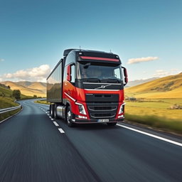 A detailed scene of a Volvo FH truck cruising down a winding highway surrounded by picturesque landscapes