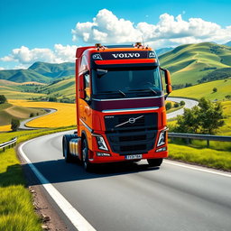A detailed scene of a Volvo FH truck cruising down a winding highway surrounded by picturesque landscapes