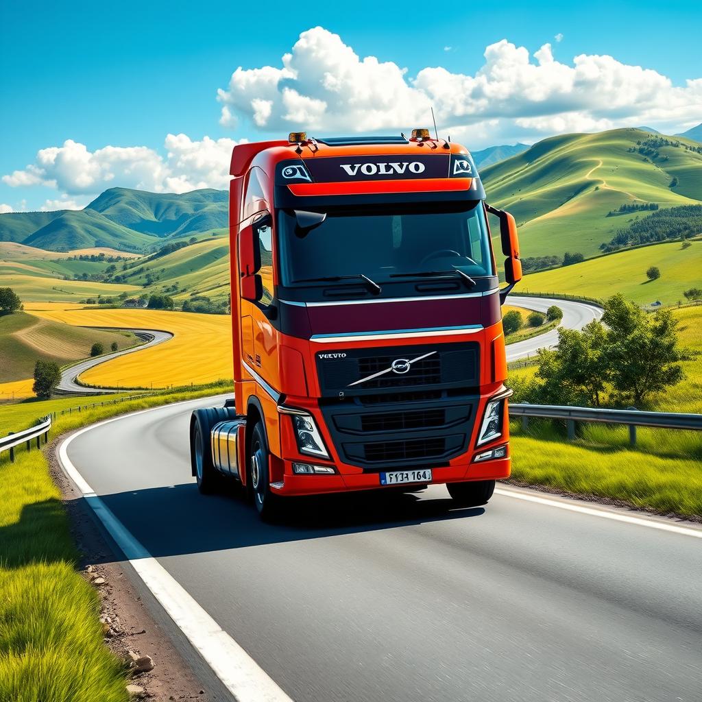 A detailed scene of a Volvo FH truck cruising down a winding highway surrounded by picturesque landscapes