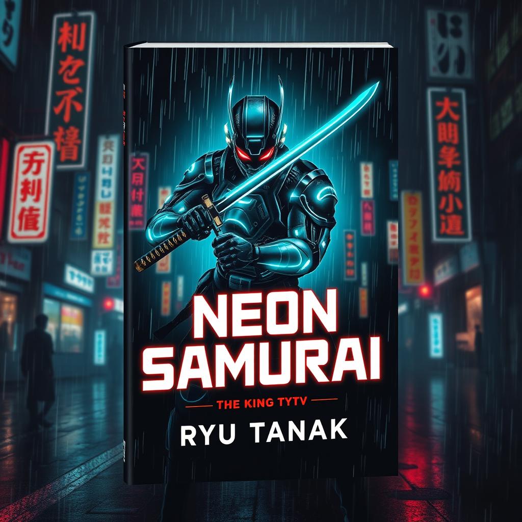 A striking book cover design for 'Neon Samurai' by Ryu Tanaka, featuring a futuristic noir aesthetic