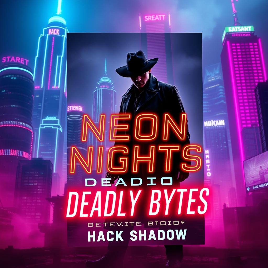 A captivating book cover design titled "Neon Nights, Deadly Bytes" by Hack Shadow, set in a cyberpunk detective noir aesthetic