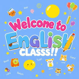 A vibrant and cheerful banner designed for English classes targeted at primary students
