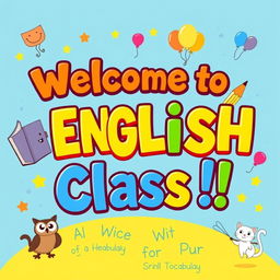 A vibrant and cheerful banner designed for English classes targeted at primary students