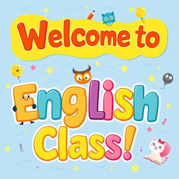 A vibrant and cheerful banner designed for English classes targeted at primary students