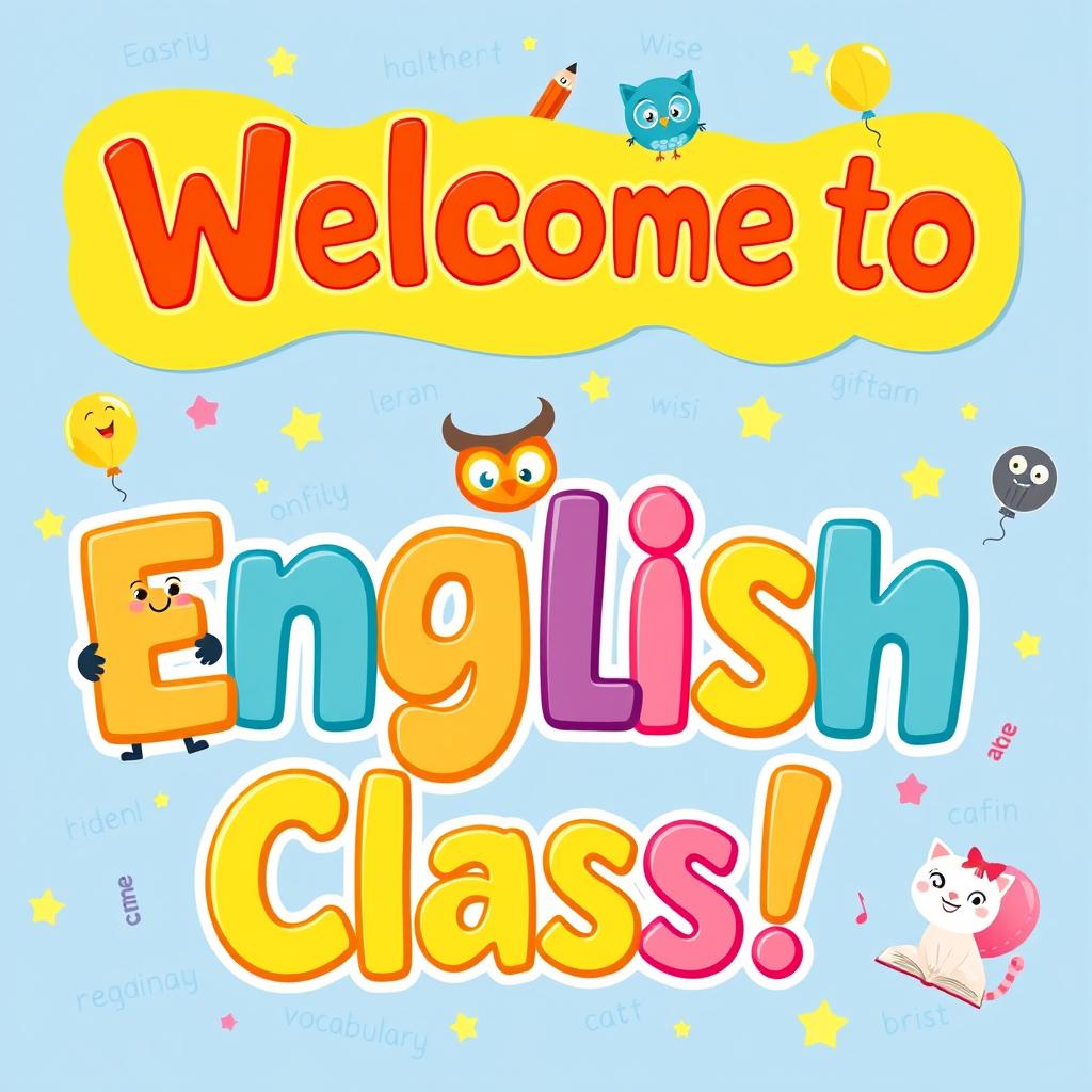 A vibrant and cheerful banner designed for English classes targeted at primary students